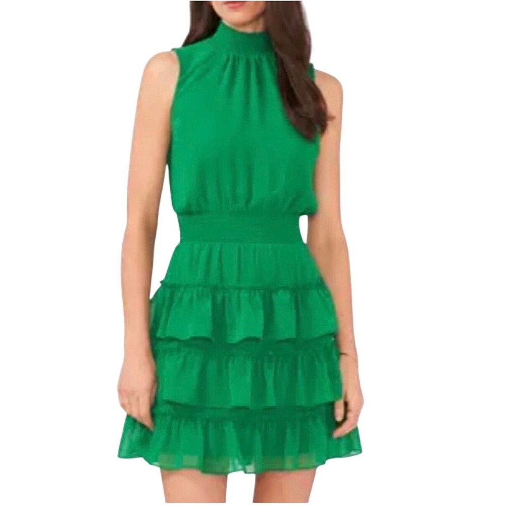 1. STATE Tiered Ruffle Sleeveless Mini Dress‎ Women's XS Green Dainty Feminine